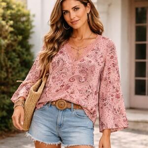 Tapemeasure Anthropologie Womens Top 10 Pink Paisley 100% Linen Boho Peasant